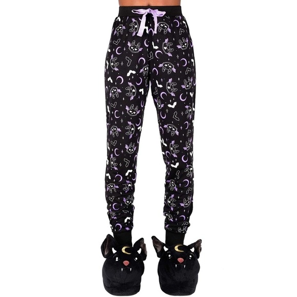 Killstar Pants - Killstar Batty Black Purple Moon AOP Jogger Lounge Pajama Pants Size Small